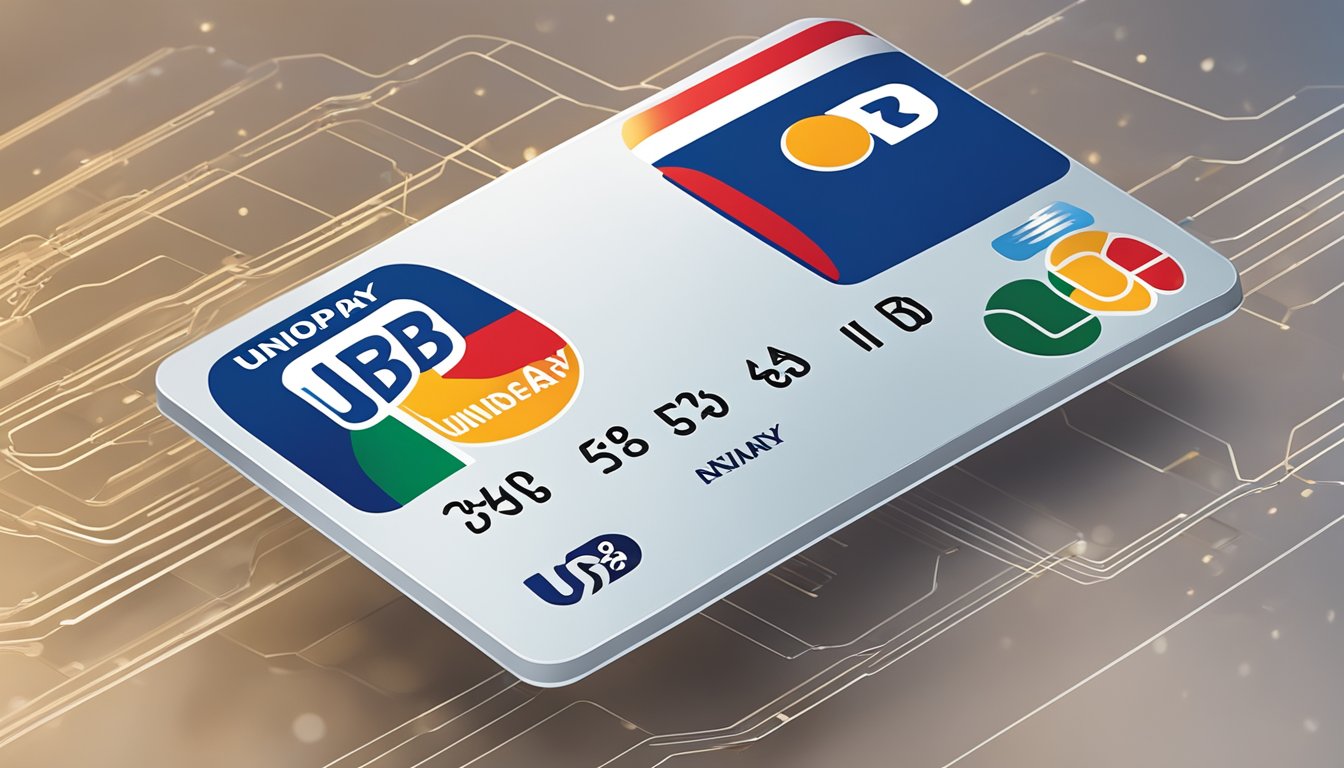 A UOB UnionPay card sits on a sleek, modern surface, with the UOB logo and UnionPay emblem prominently displayed. The card is surrounded by digital payment symbols and icons, conveying its versatility and convenience