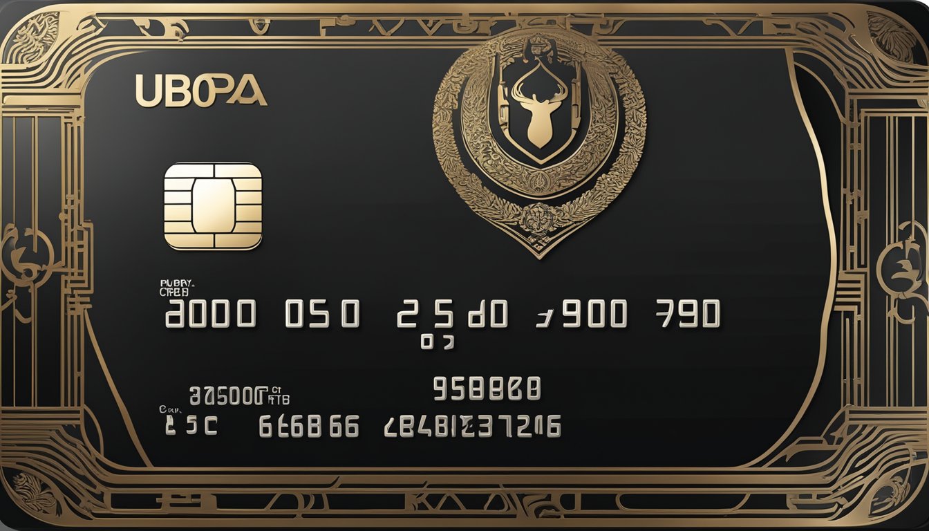 A luxurious black credit card with the UOB and UnionPay logos, surrounded by elegant symbols of privilege and exclusivity