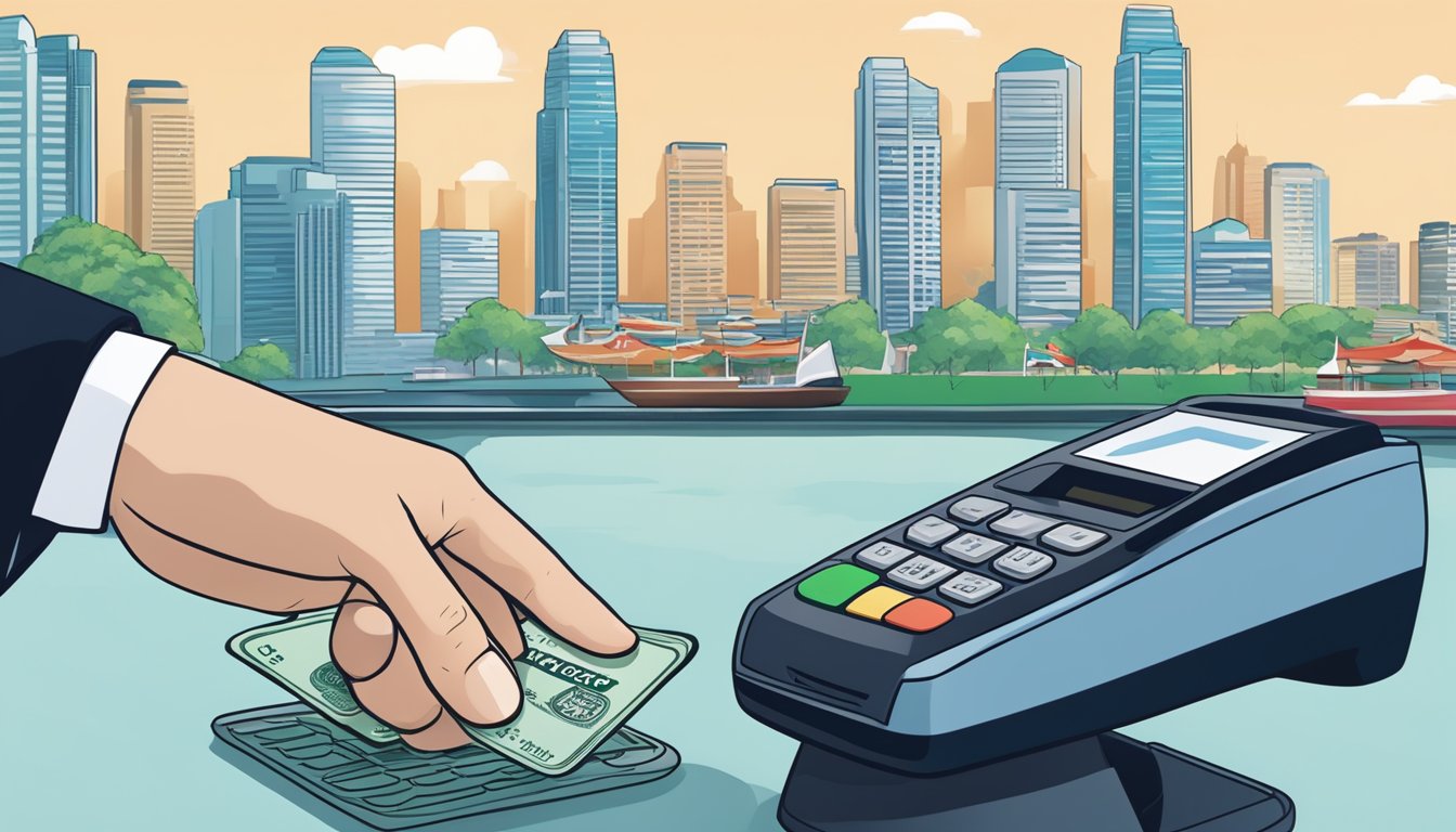 A hand reaching for a UOB UnionPay card with the Singapore skyline in the background. The card is being swiped at a payment terminal