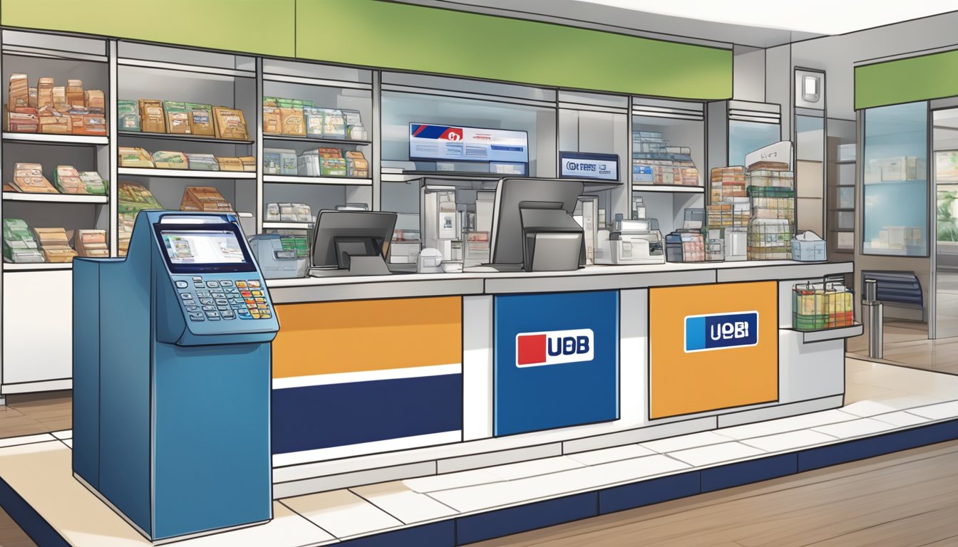 A UnionPay card being used to make a payment at a UOB branch in Singapore, with various UOB products and services displayed in the background