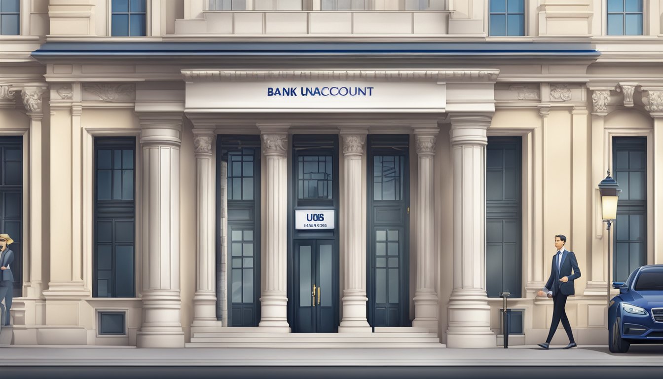 An elegant bank building with a sign for "UOB Uniplus Account" and a display of various fees and account management options