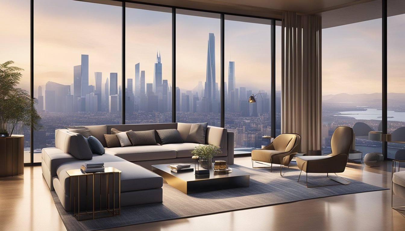 A luxurious lounge with modern furnishings and a view of the city skyline. The UOB Visa Infinite Metal card is prominently displayed on a sleek table