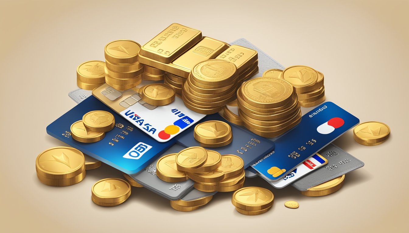 A pile of gold coins and a stack of credit cards with the UOB Visa Platinum logo, surrounded by luxurious items and symbols of travel and leisure