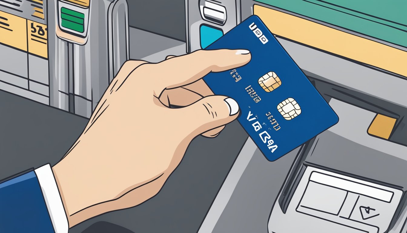 A hand swipes a UOB Visa Platinum card at a Singapore merchant terminal