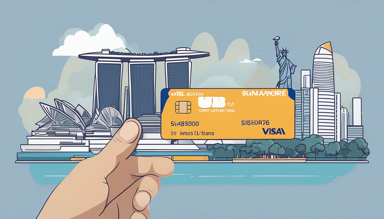 A hand holding a UOB Visa Signature card against a backdrop of iconic Singapore landmarks