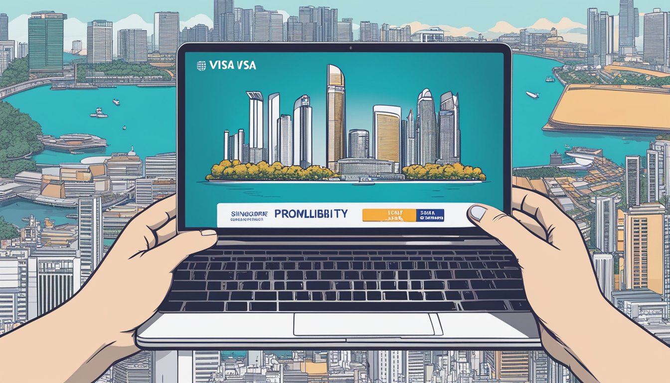 A hand holding a UOB Visa Signature card, with a laptop and documents nearby. The card features the Singapore skyline and the words "Eligibility and Application" prominently displayed