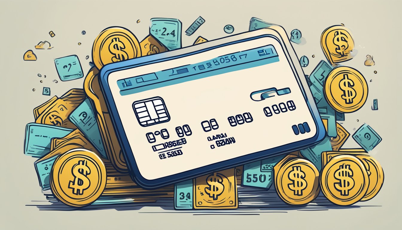 A credit card surrounded by dollar signs and percentage symbols, with a clear and easy-to-read breakdown of fees and charges displayed next to it