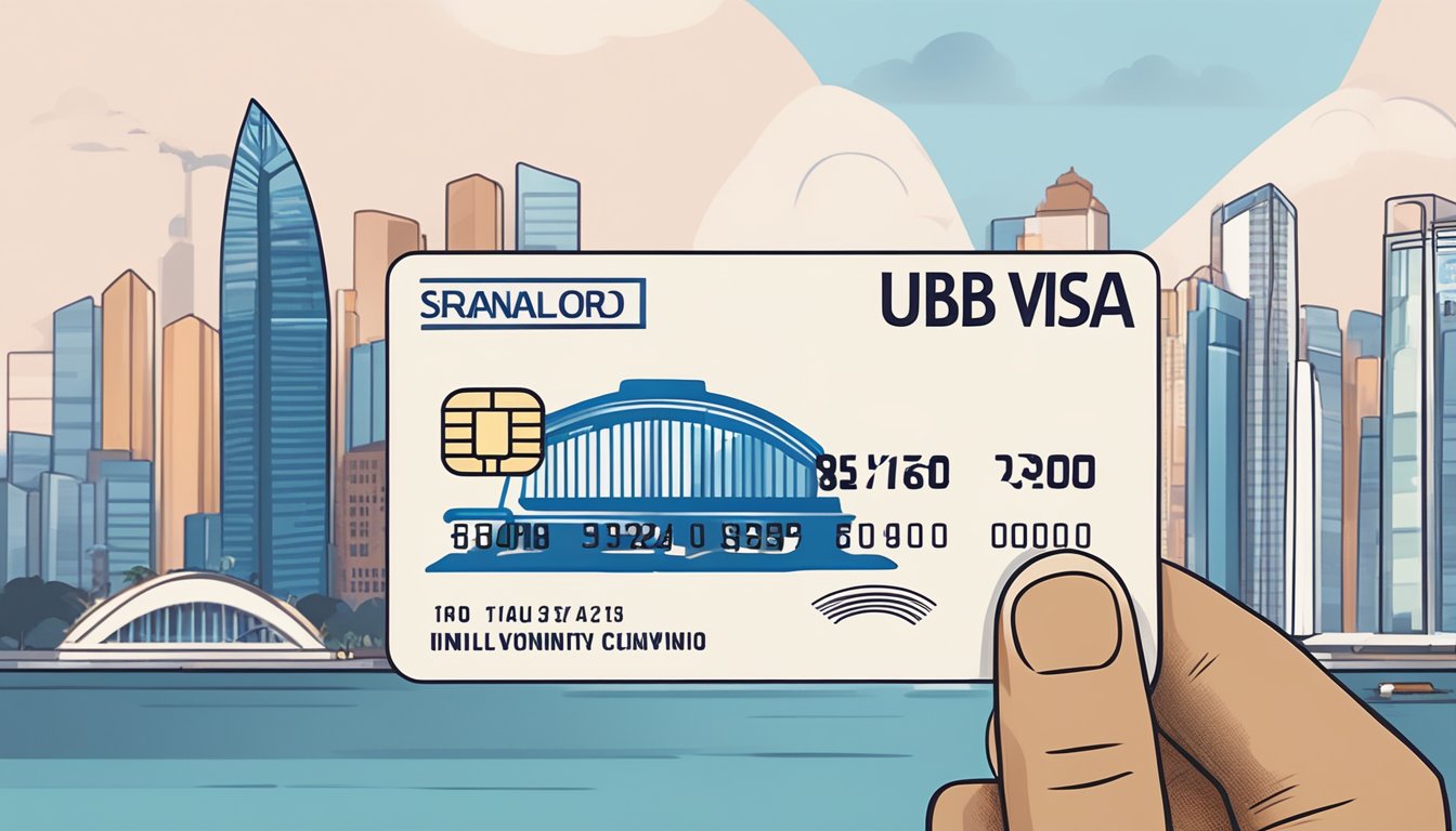 A hand holds a UOB Visa Signature card against a backdrop of Singapore landmarks and financial services