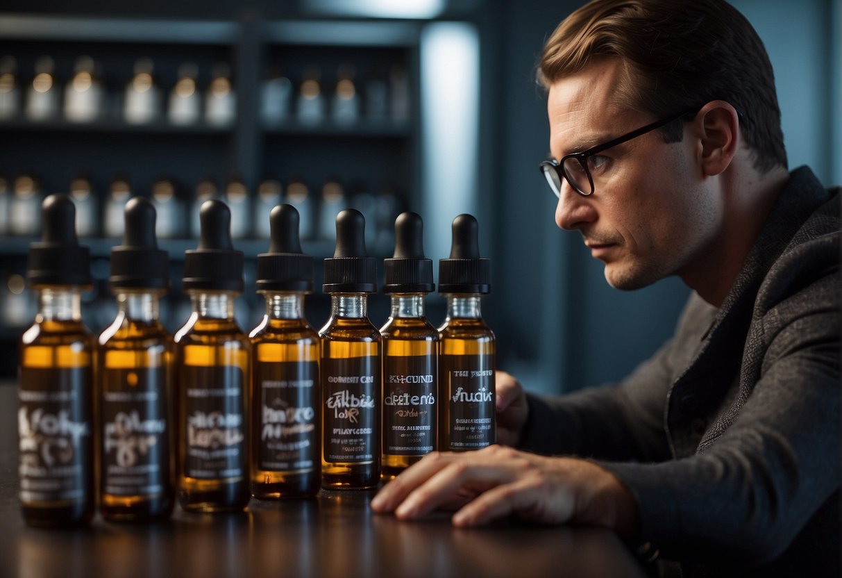 A hand reaches for various bottles of e-liquid, each labeled with different nicotine strengths. A thoughtful expression on the face suggests deliberation