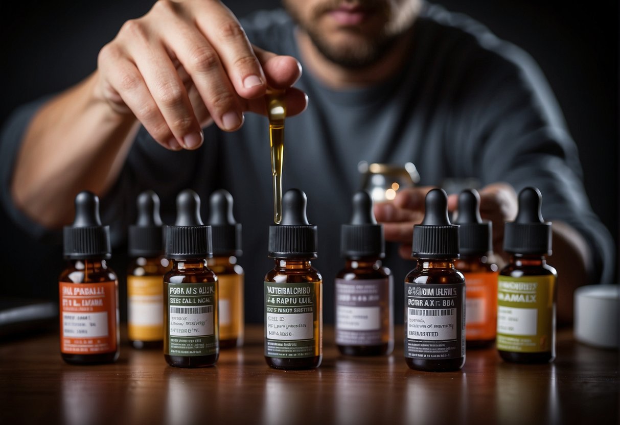 A person holding different bottles of e-liquid, examining labels for nicotine strength. A chart or guide nearby for reference