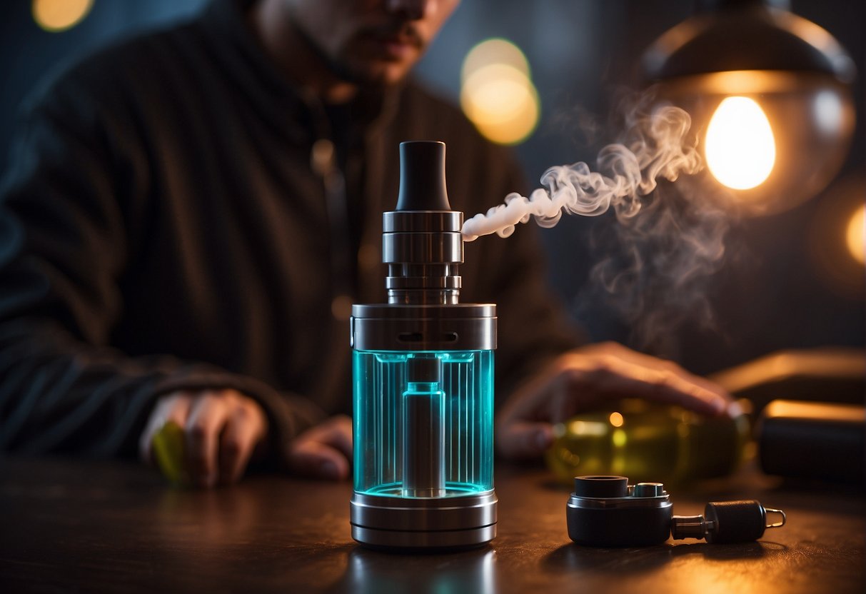 A vaping device sits on a table next to bottles of e-liquid. A person is seen adjusting the nicotine strength on the device