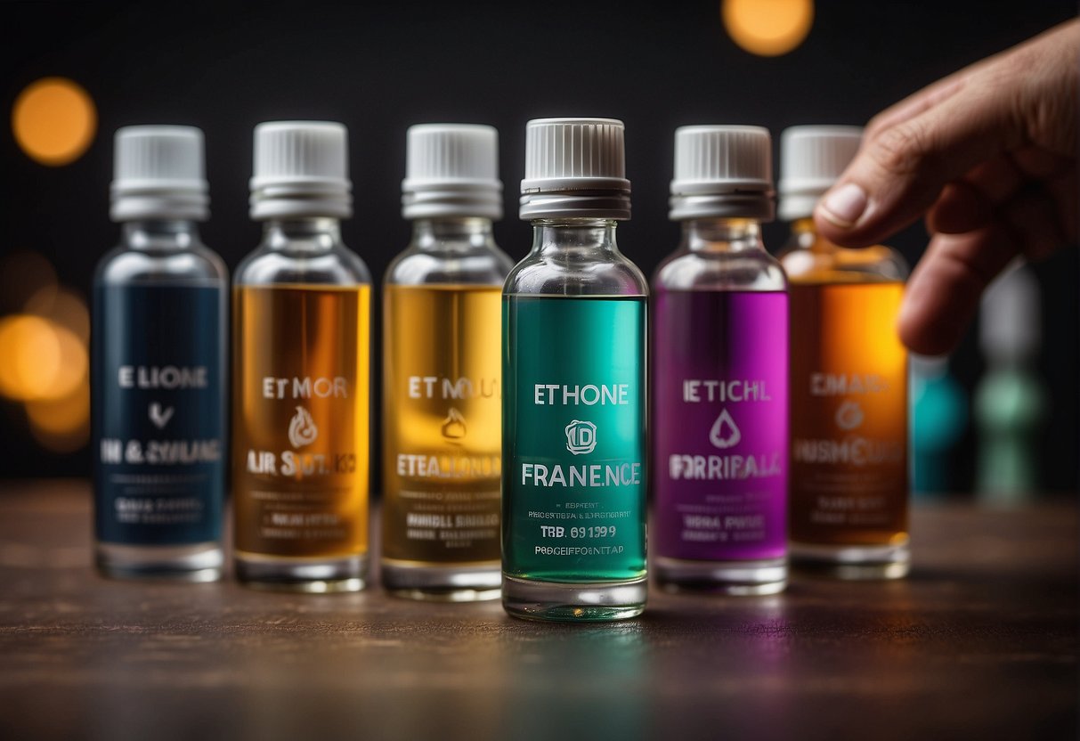 A hand reaching for different nicotine strengths of e-liquid, surrounded by various flavored bottles, with a thoughtful expression on the face