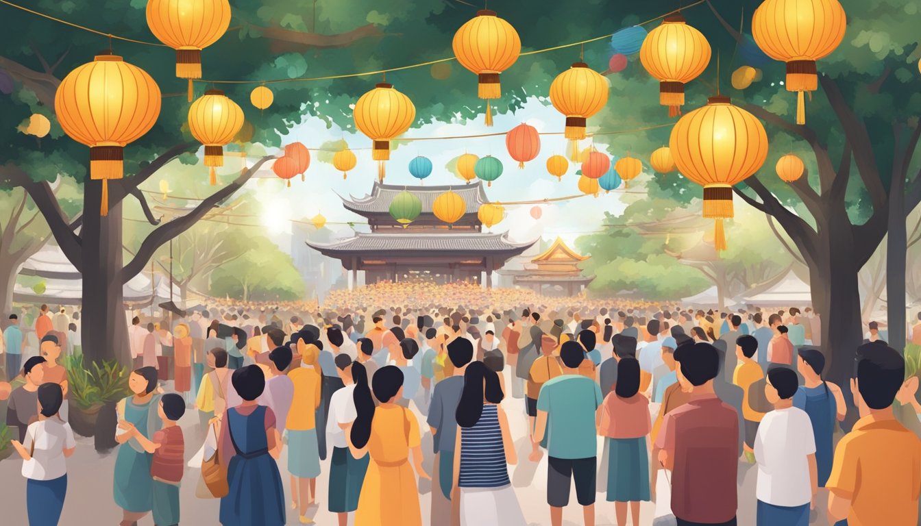 Vesak Day celebration in Singapore: Colorful lanterns hanging from trees, people offering prayers at temples, and the scent of incense filling the air