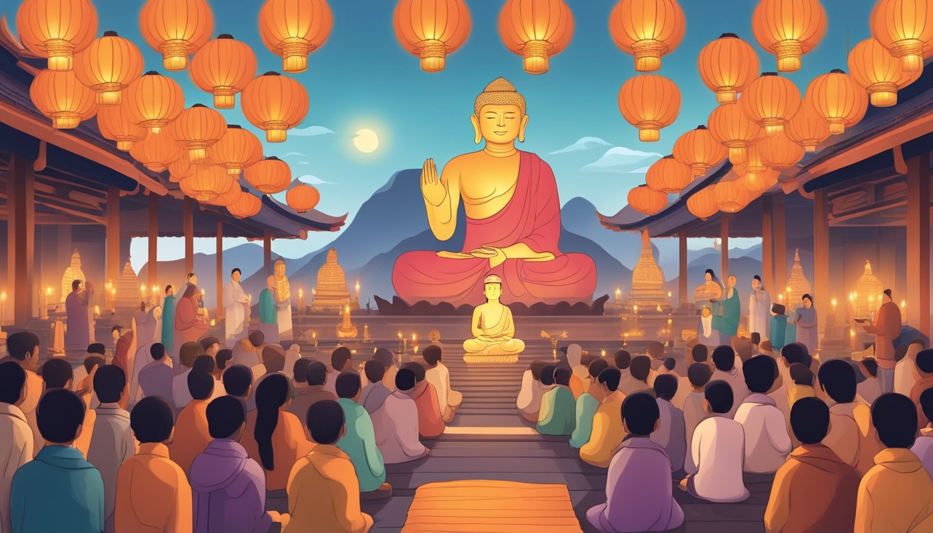 People gather around colorful lanterns, offering flowers and lighting candles in front of a large Buddha statue. Monks chant and lead prayers as the air fills with the scent of incense