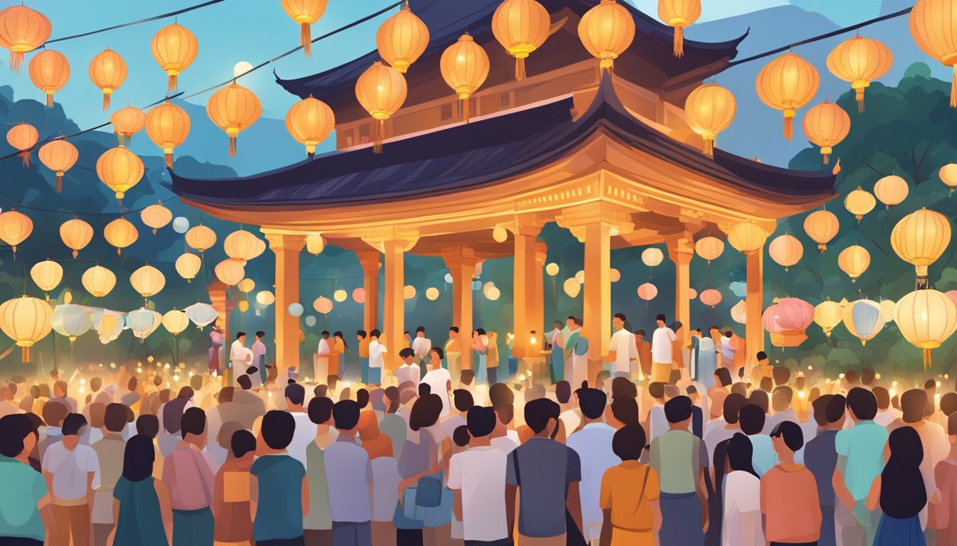 Vesak Day celebration in Singapore: colorful lanterns, temple decorations, and people gathering to pay respects and offer prayers