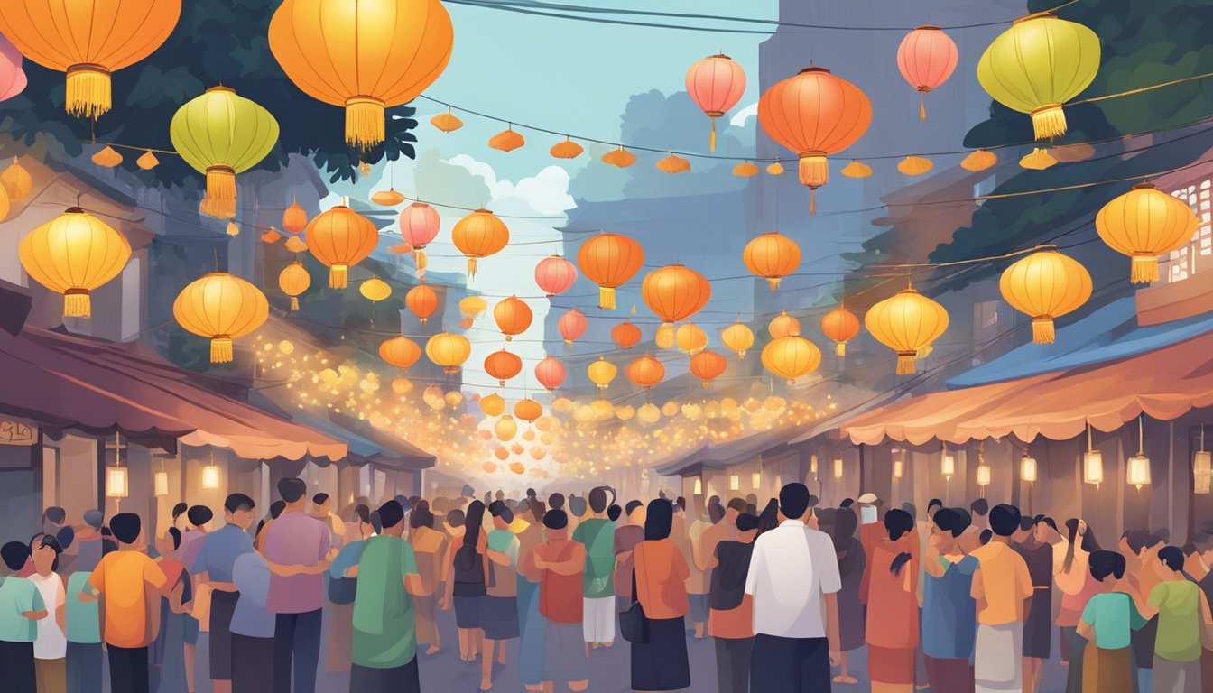 Vesak Day celebration in Singapore: colorful lanterns, incense, and offerings fill the streets. People gather to participate in traditional rituals and share in the sense of community and social impact