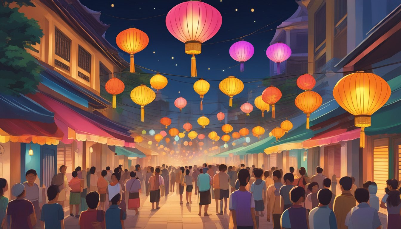 Colorful lanterns light up the night sky, illuminating the streets of Singapore. The air is filled with the scent of incense as people gather to celebrate Vesak Day. The sound of chanting and traditional music fills the air, creating a vibrant