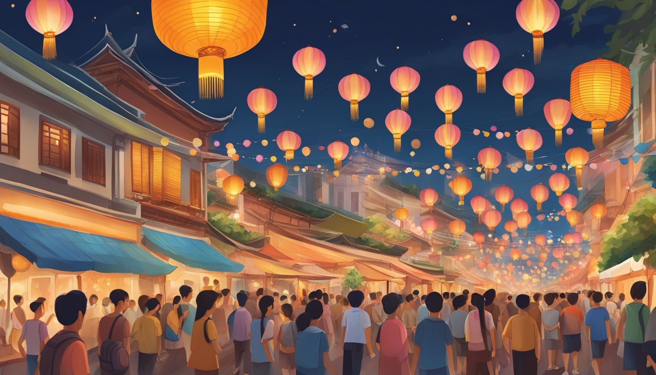 A colorful procession of lanterns and floats winds through the streets of Singapore, as people gather to celebrate Vesak Day. The air is filled with the sound of chanting and the sweet scent of incense