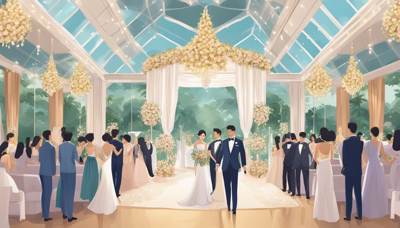 A lavish wedding scene in Singapore with elegant fashion and attire on display