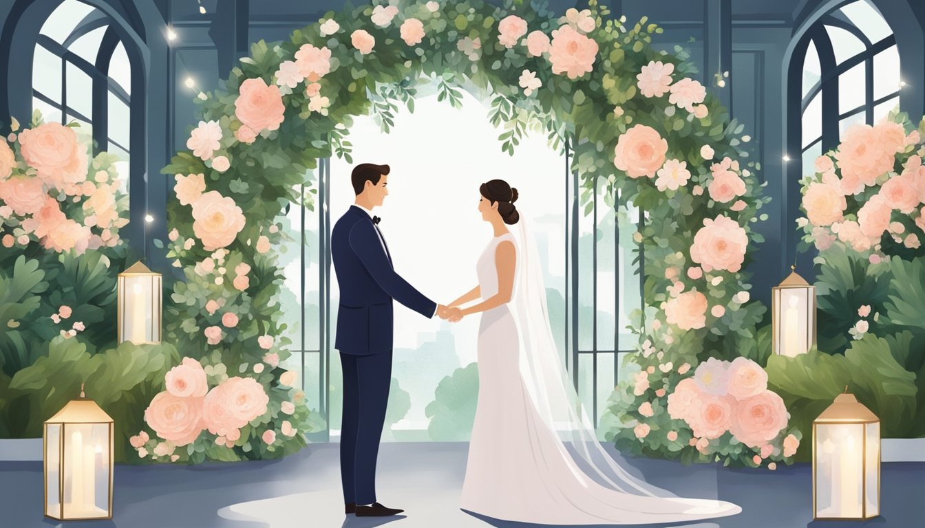 A bride and groom exchange vows under a lush floral arch at a luxurious wedding venue in Singapore, surrounded by elegant decor and twinkling lights