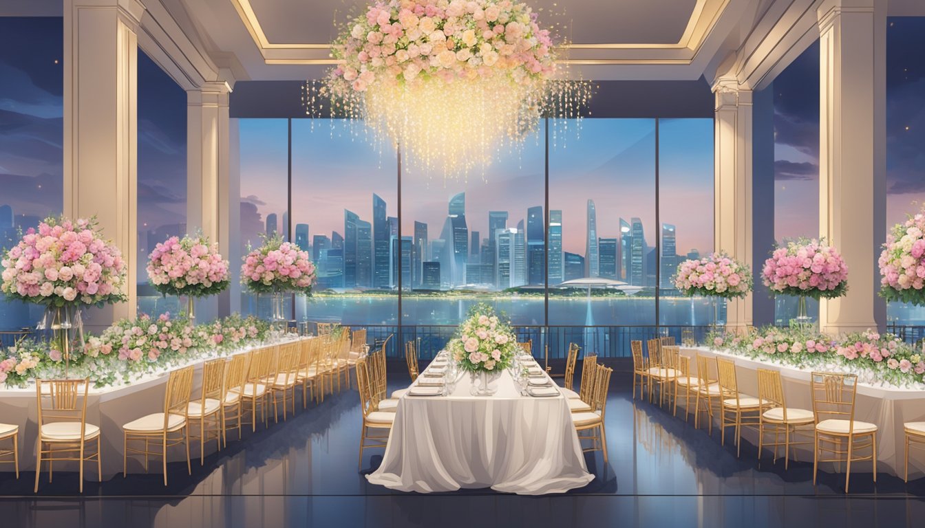 A grand wedding ceremony and reception in Singapore, featuring elegant floral arrangements, luxurious decor, and a stunning view of the city skyline