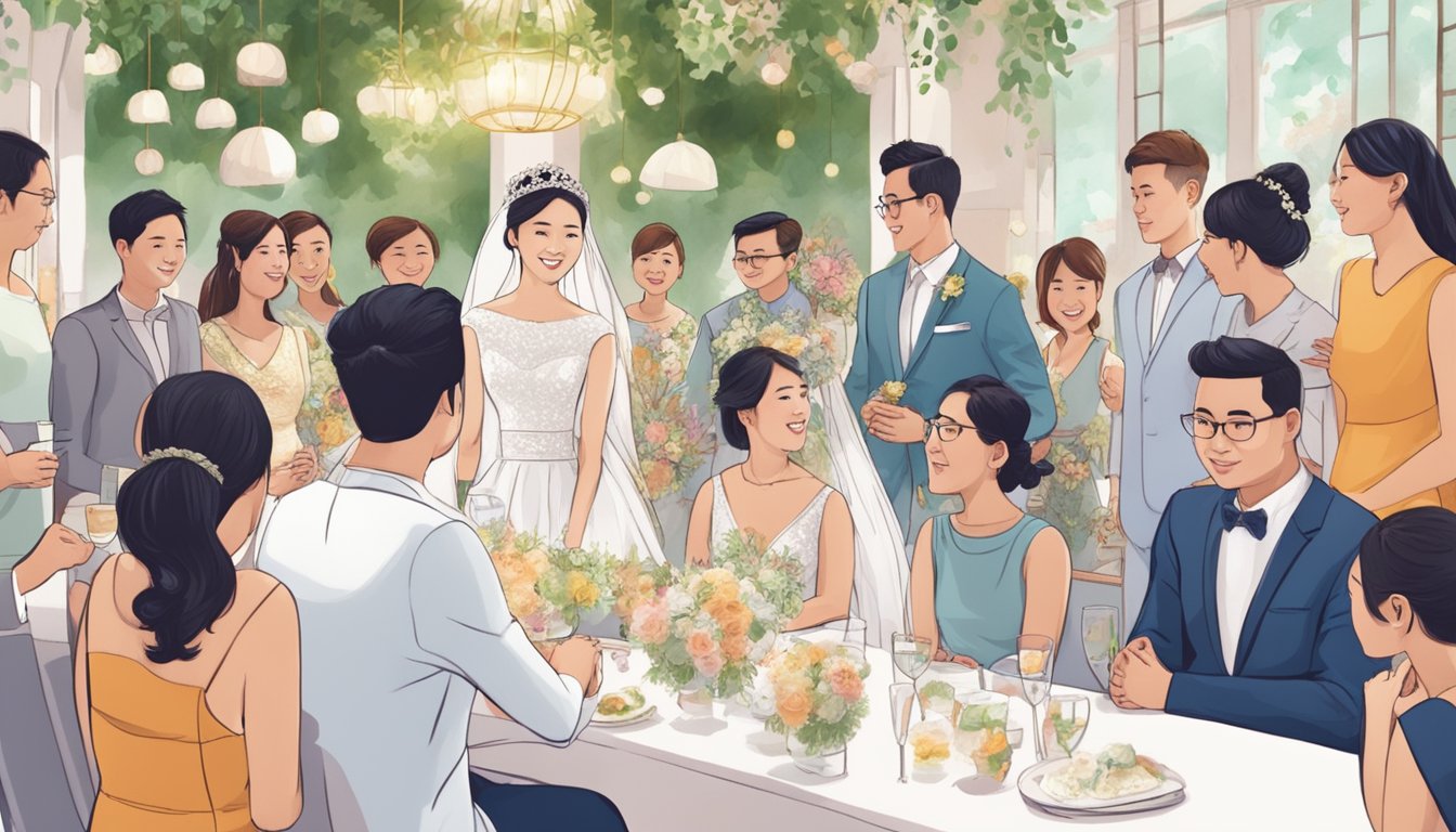 A bride and groom sit at a table, surrounded by wedding planners and vendors. They discuss costs and options for their Singapore wedding