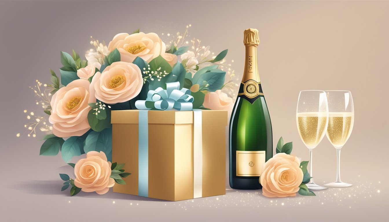 A beautifully wrapped gift box surrounded by elegant floral arrangements and sparkling champagne glasses