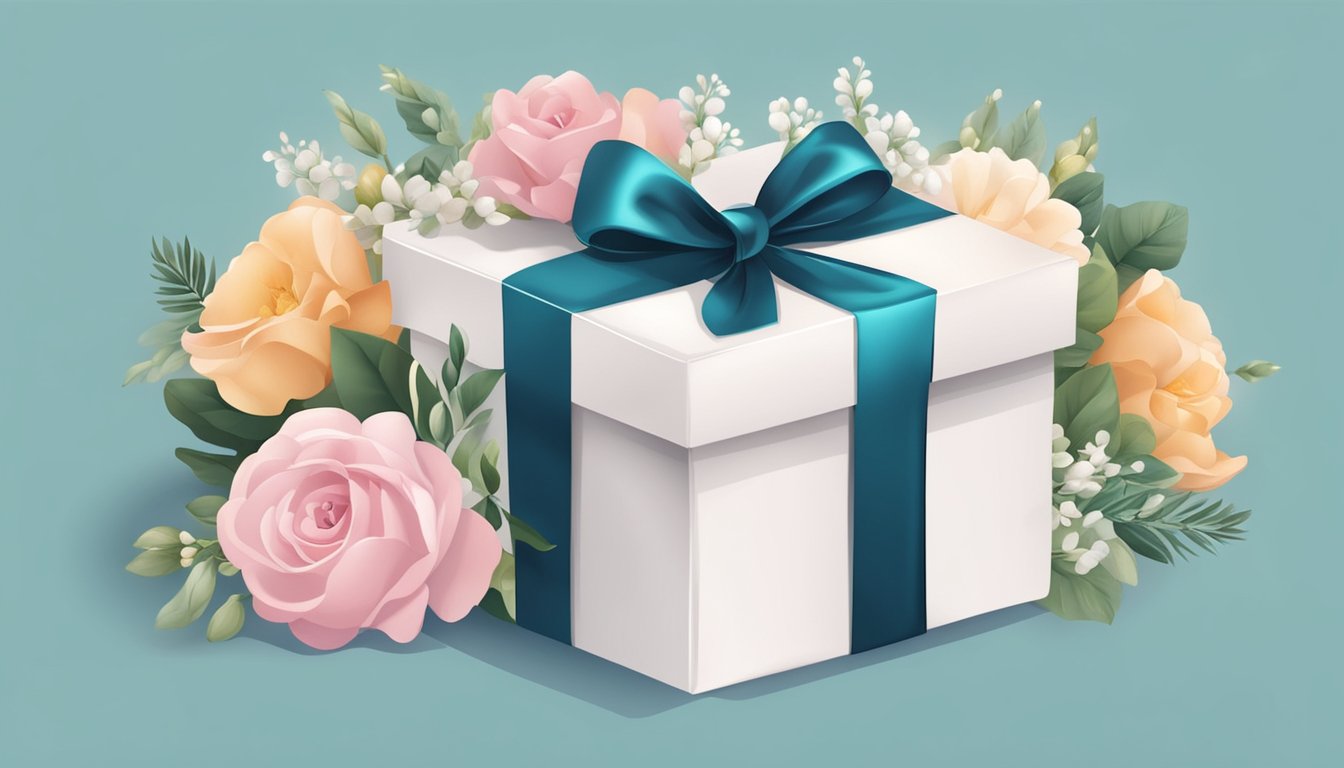 A beautifully wrapped gift box surrounded by elegant wedding decor and flowers
