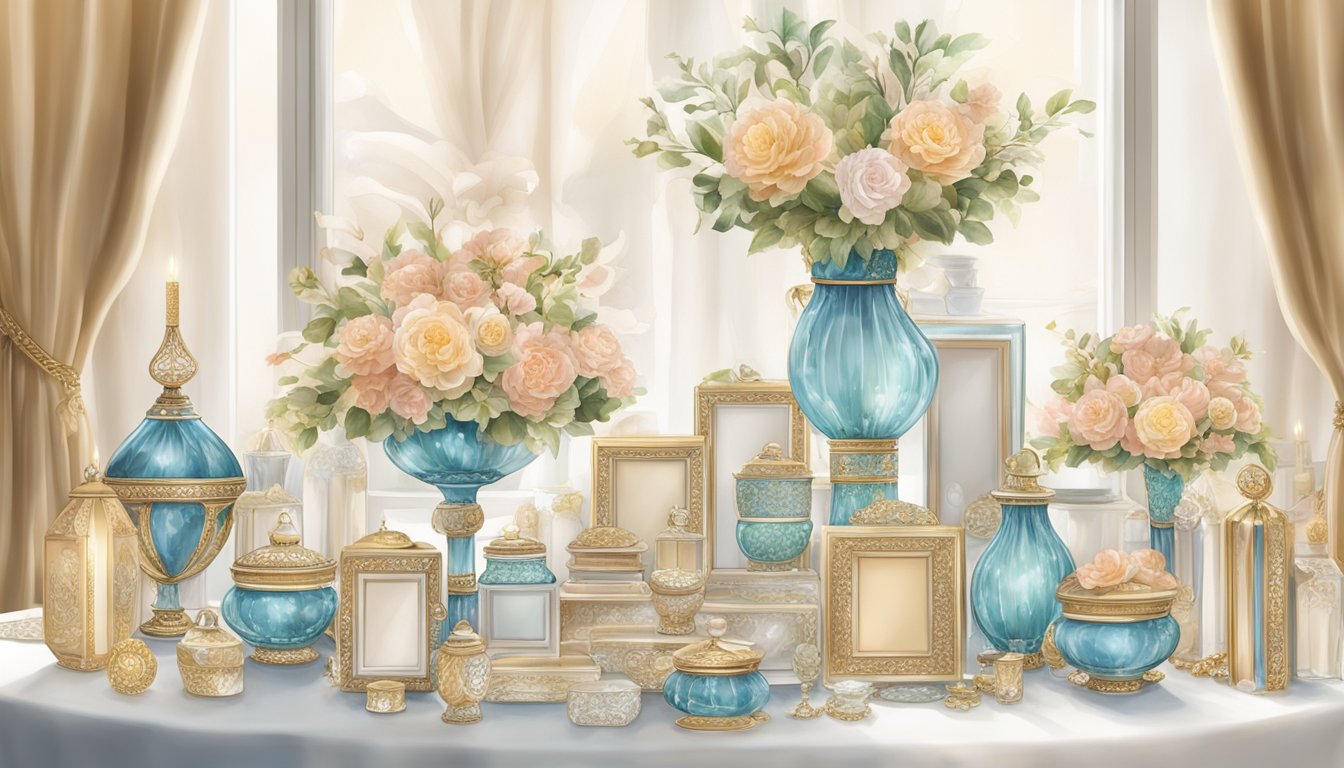 A table adorned with elegant wedding gifts, including intricate vases, ornate photo frames, and delicate jewelry boxes in a luxurious setting