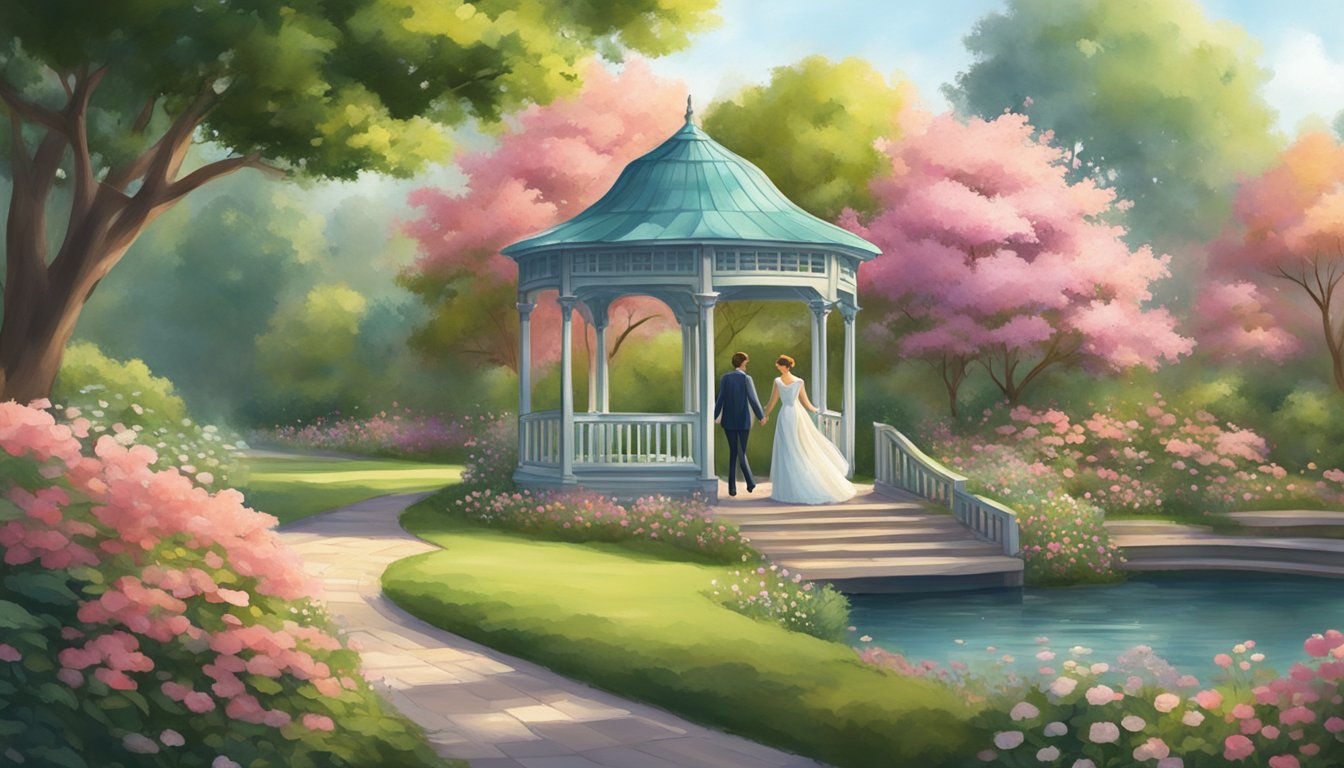 A couple strolling hand in hand through a lush garden, surrounded by blooming flowers and a serene pond, with a charming gazebo in the distance