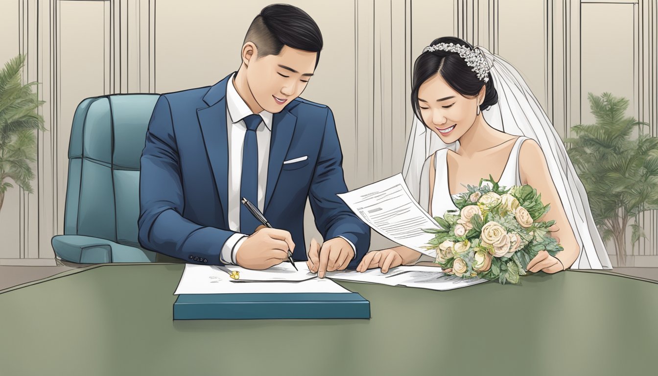 A bride and groom signing loan documents at a bank in Singapore