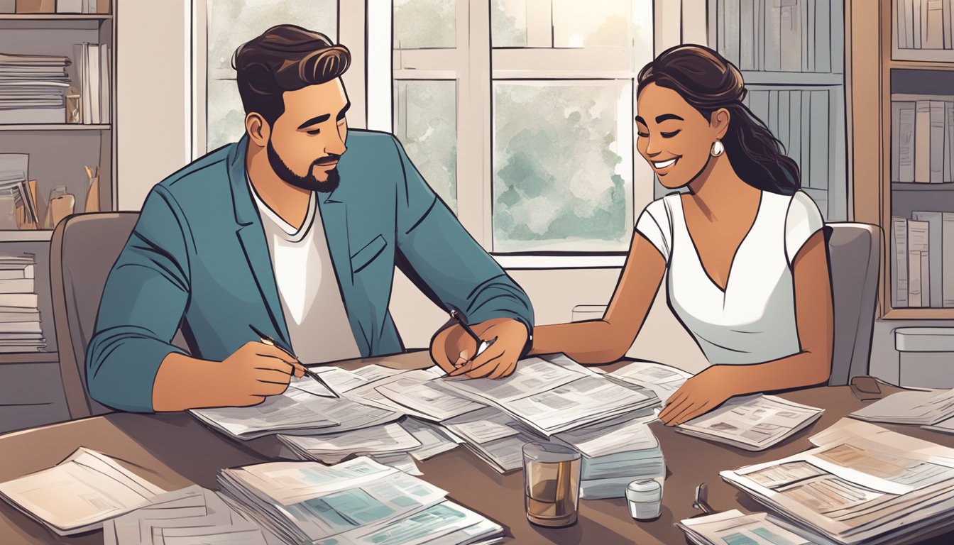 A couple sits at a table, surrounded by wedding magazines and financial documents. They are discussing wedding loans and creating a budget for their big day