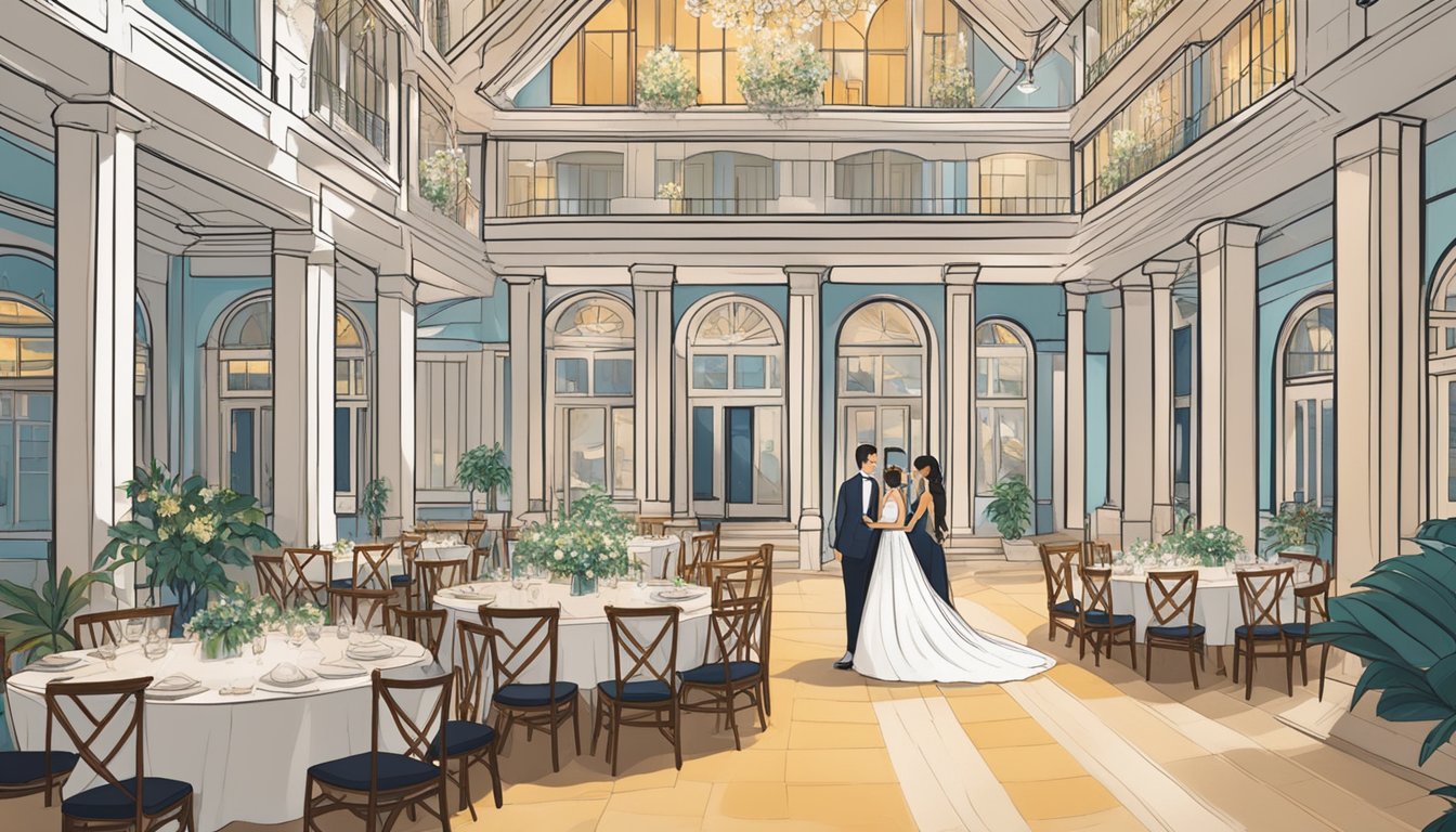 A couple explores various affordable wedding venues in Singapore, comparing prices and amenities