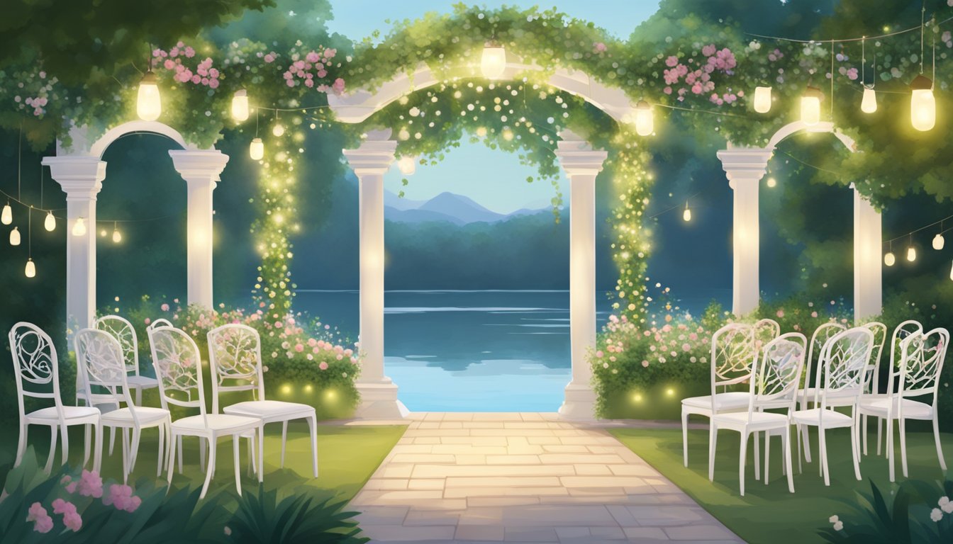A serene garden with twinkling fairy lights, elegant white chairs, and a floral archway, set against a backdrop of a tranquil lake and lush greenery