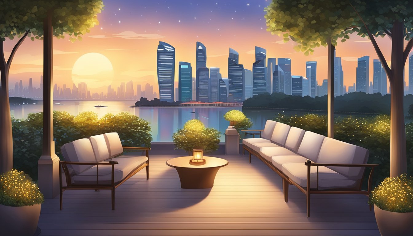 A serene garden with twinkling lights and elegant seating, set against a backdrop of a picturesque sunset over the Singapore skyline