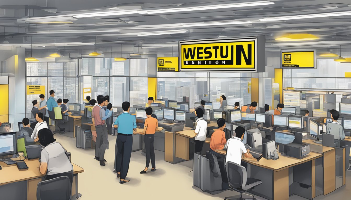 A bustling Western Union office in Singapore, with a prominent rate board and clear signage indicating specific requirements for transactions