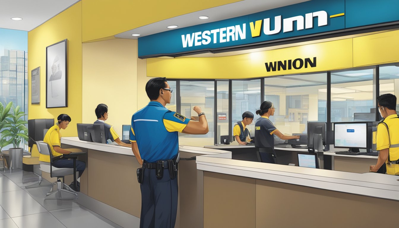 A security guard watches over a customer receiving support at a Western Union branch in Singapore
