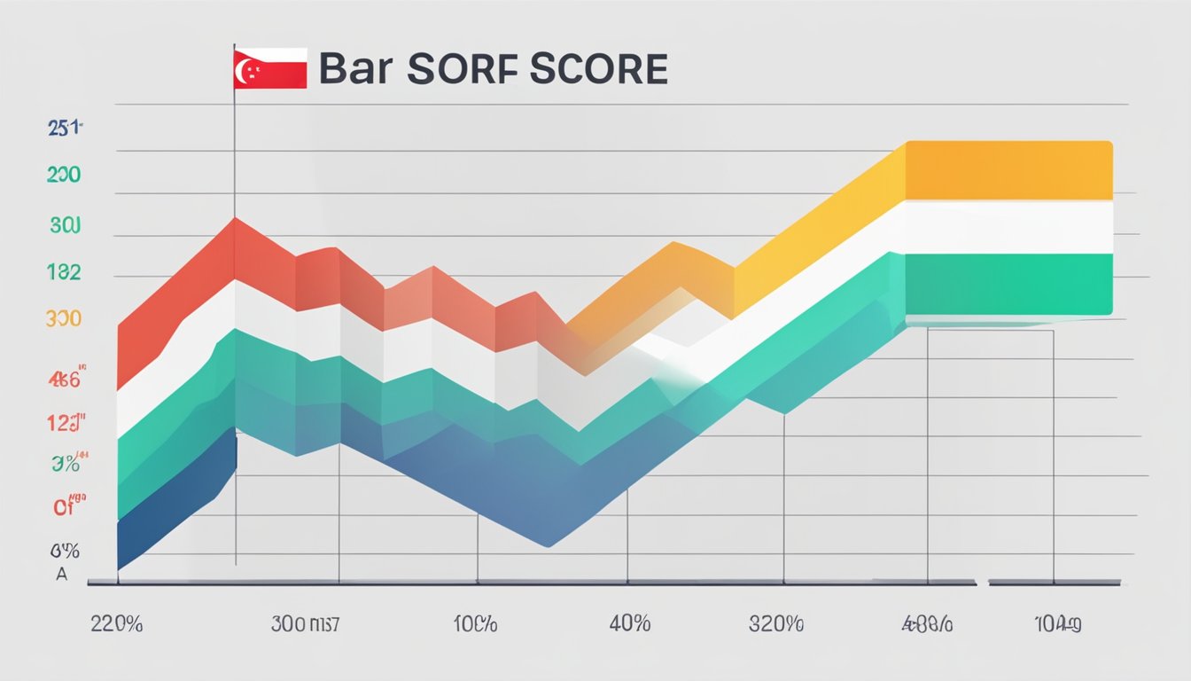 A bar graph showing credit score ranges in Singapore, with "good" score highlighted. Data labels and a Singaporean flag in the background