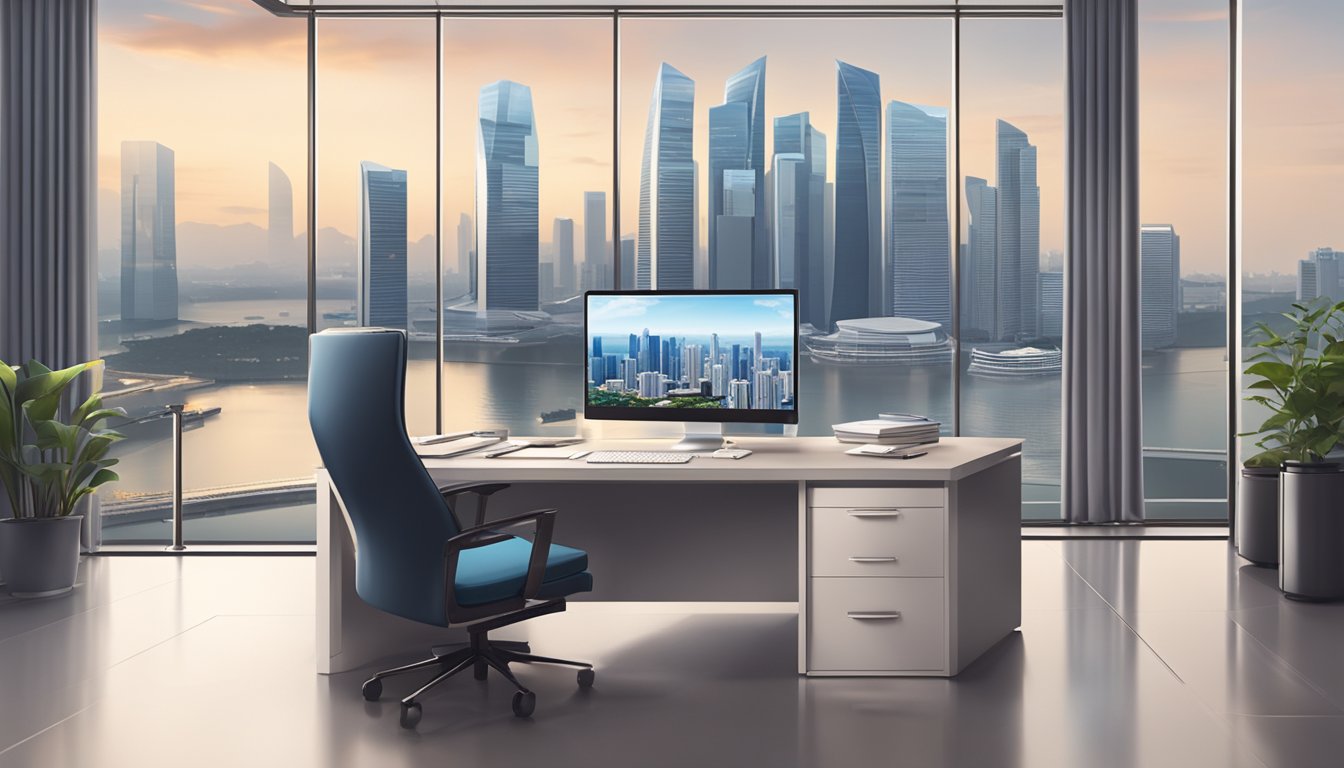 A luxurious office with a panoramic view of the Singapore skyline, a sleek desk with a computer, and a prestigious job offer letter with a large salary figure highlighted
