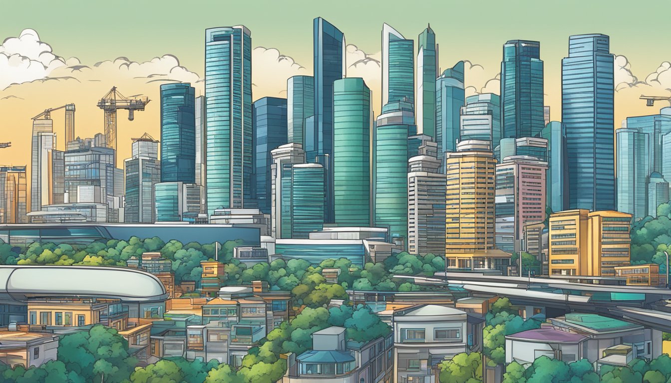 A bustling city skyline with prominent industry buildings and financial institutions, showcasing the top industries for high-paying jobs in Singapore