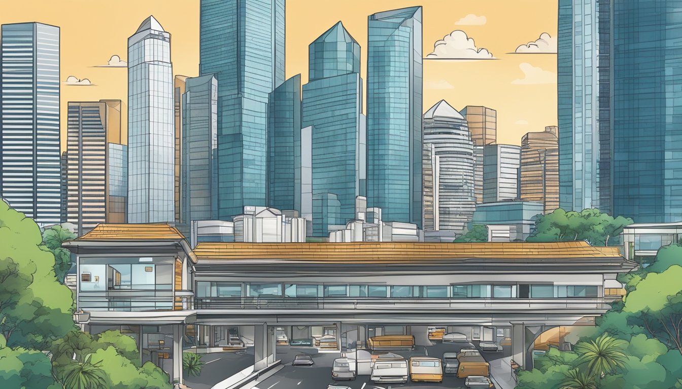 A bustling city skyline with skyscrapers and office buildings, surrounded by a mix of modern and traditional architecture, symbolizing the diverse job market in Singapore