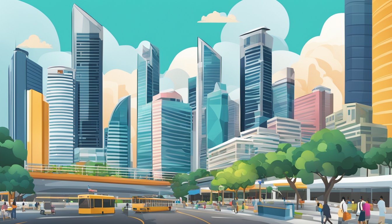 A bustling Singapore city skyline with skyscrapers and a vibrant business district, symbolizing high-paying job opportunities