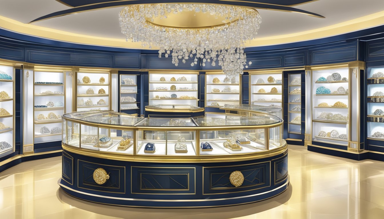 Display of luxurious jewellery and watches in Mustafa Centre, Singapore. Shimmering diamonds, elegant timepieces, and opulent designs fill the vibrant showcase