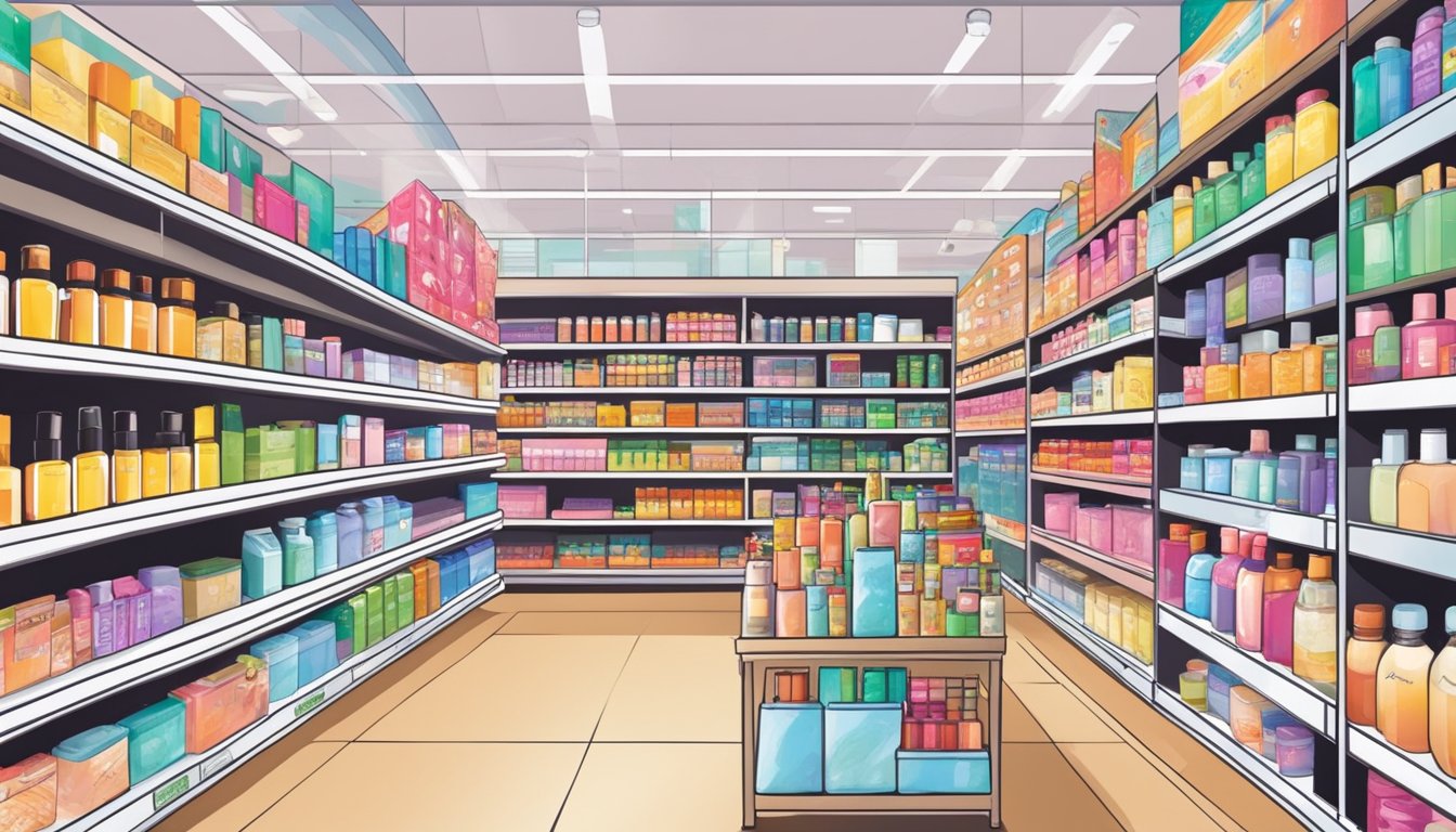 A bustling aisle in Mustafa Centre, Singapore, filled with shelves of health and beauty products. Brightly colored packaging and a variety of items on display
