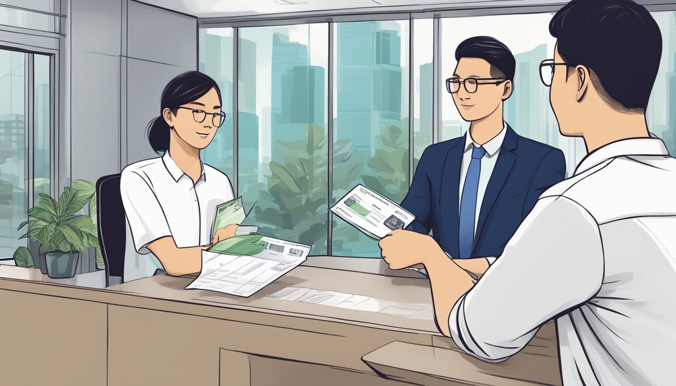 A person holding a Singaporean identification card and a document labeled "SRS Withdrawal Form" with a bank teller assisting them