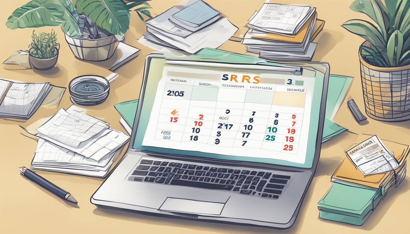 A table with various investment options labeled "SRS" and a calendar showing withdrawal dates in Singapore
