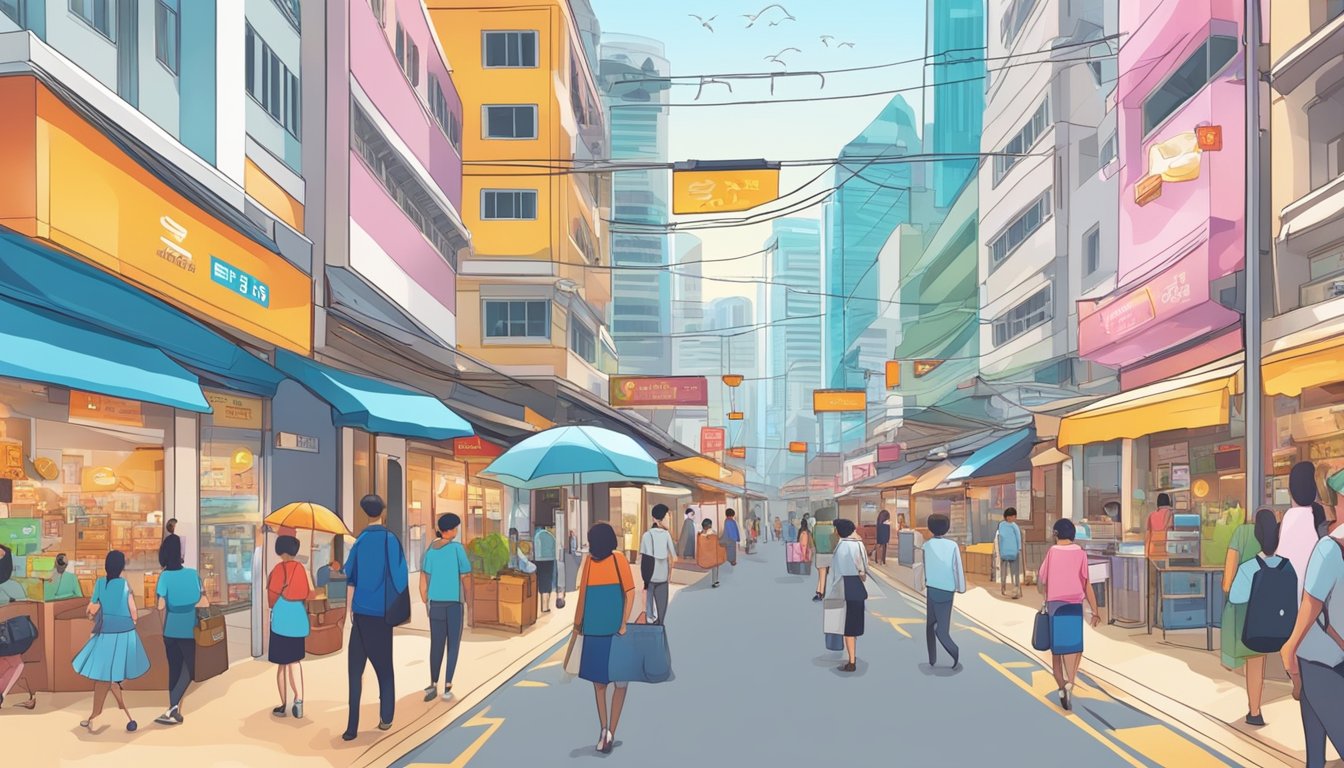A bustling Singapore street with colorful currency exchange signs and busy storefronts, showcasing the variety of options for understanding exchange rates