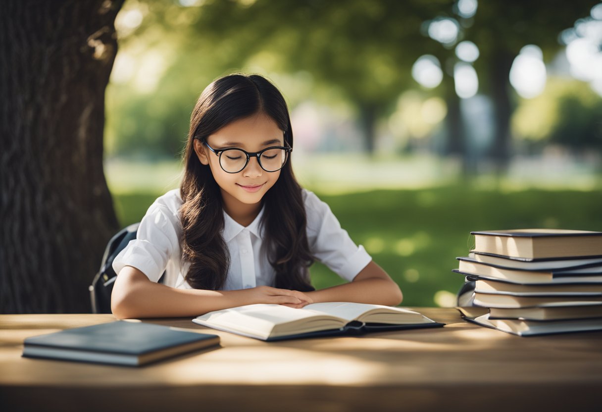 A young girl studying under a tree, surrounded by books and a chalkboard