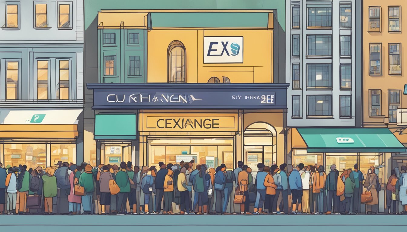 A bustling city street with a prominent currency exchange sign and a line of people waiting to exchange money