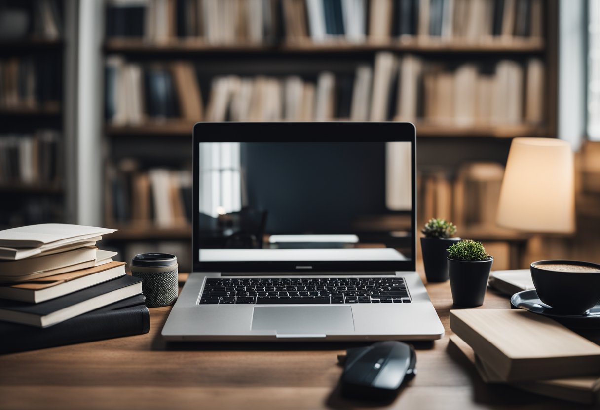 A serene room with a cluttered desk, a stack of books, and a laptop open to a blank screen